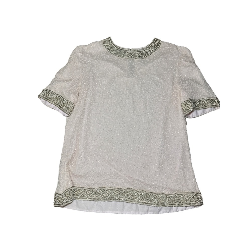 VTG Camille Marie Beaded Silk Top‎ Short Sleeve Mock Neck Womens Medium Glam